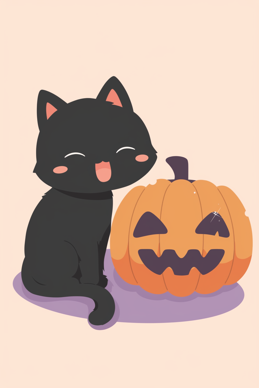 halloween cute animals drawings 2-black cat kitten sitting beside a carved smiling pumpkin.